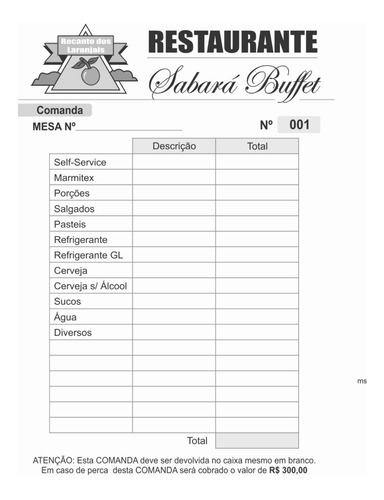 200 Blocos Comandas Para Lanchonete, Restaurante, Bares Etc