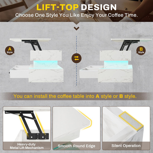 Mesa De Centro Elevable 102 Cm Con 2 Cajones Y Luz Led