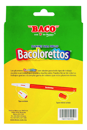 Baco | 10 Plumines Bacoloretto Lavables Base Agua En Colores