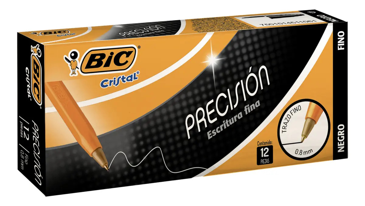 Pluma Lapicero Bic Cristal Punto Fino 0.8 Mm Caja 12 Pzs Color de la tinta Negro Color del exterior Amarillo