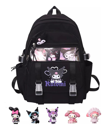 Mochila Escolar Kuromi + Juguete De 5 Figuras