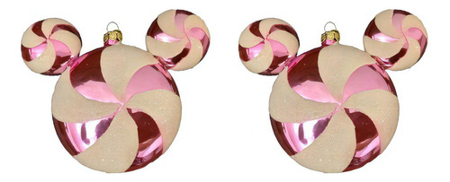 Bola De Natal Mickey Rosa E Branco - Candy - 8cm - 2 Unid