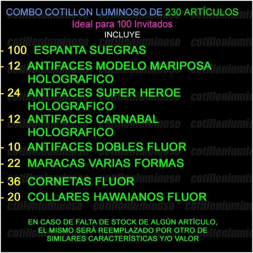 Combo Cotillón Luminoso + Carioca 465 Artículos + Corona Led