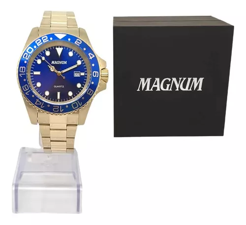 Relógio Magnum Masculino Dourado Pulseira Preta Prova D´agua