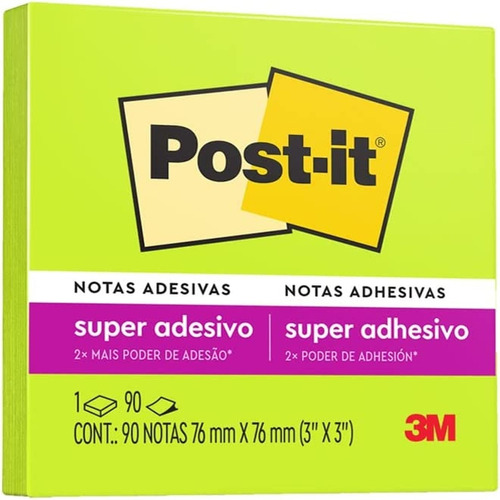Bloco De Notas Adesivas Post-it Com 90 Folhas 76mmx76mm Cor Verde Limeade