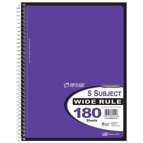 Cuaderno De 5 Materias Estándar, Regla Ancha (180 Hoja...