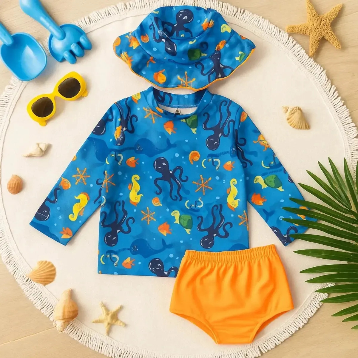 Conjunto Praia Bebê Com Proteção Uv Menino 3 Peças Cor Azul / Laranja Desenho do tecido Polvo Tamanho 9-12 M