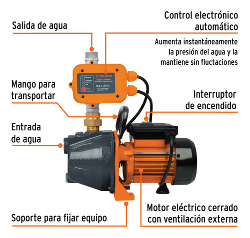 Bomba Presurizadora Jet Hierro 1 Hp Con Control Truper 19397