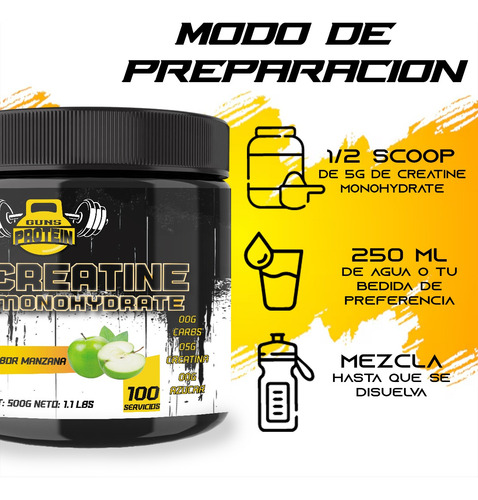 Creatina Monohidratada 500g Guns En Polvo Varios Sabores Pre Manzana