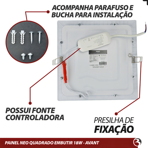 Kit 3 Painel Plafon Led Embutir Smart 18w Quadrado Neo Avant 110v/220v