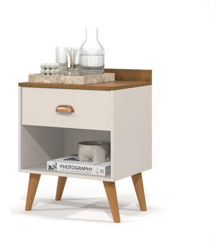 Mesa Criado 2 Bide Perola Conjunto Casal C/ Cabeceira Suede Brilhante Bege 1.40 / Off Freijo