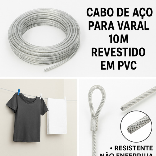 Cabo De Aço Para Varal 10m Revestido Em Pvc Resistente