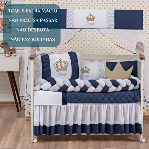 Enxoval Berço 11 Peças Menino Realeza Com Mosquiteiro