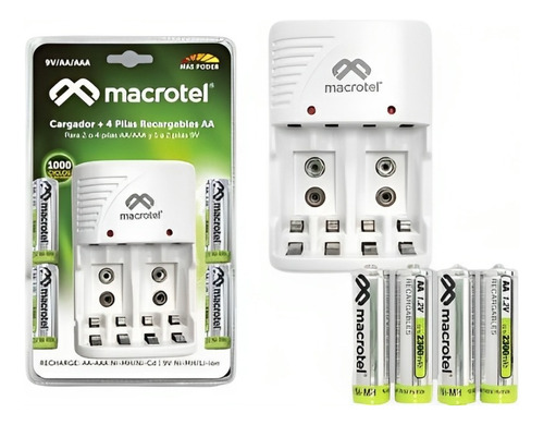 Cargador De Pila Macrotel + 4 Pilas Recargables 2/a 3/a