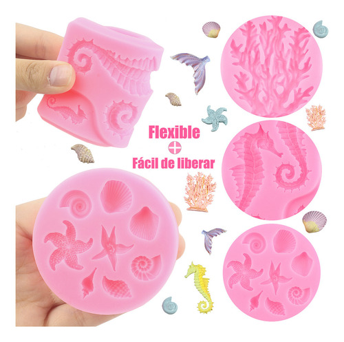 4pcs Molde De Silicona Temas Marinos Coral Cáscara Fondant