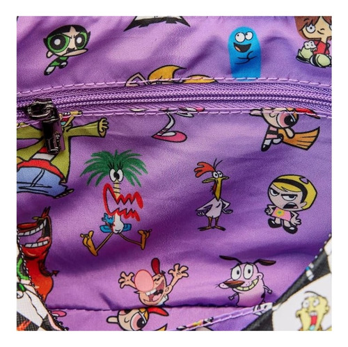 Bolsa de ombro Loungefly Cartoon Network Retro Collage com acabamento em hardware metálico, cor branca, alça de ombro, design de tecido estampado em preto