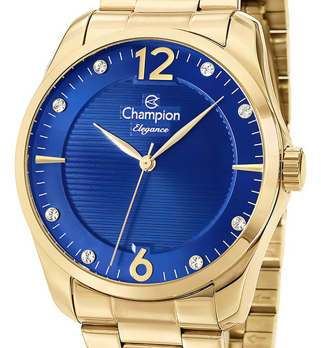 Relógio Champion Dourado Elegance Feminino Visor Azul