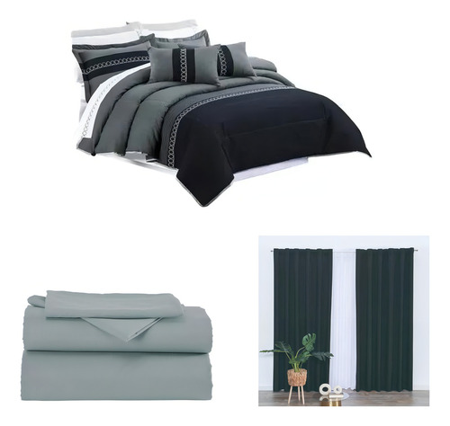 Edredón Ónix Ind C/funda, Cojín + Sábanas, Cortinas Concord Color Sábana Gris-cortina Negra