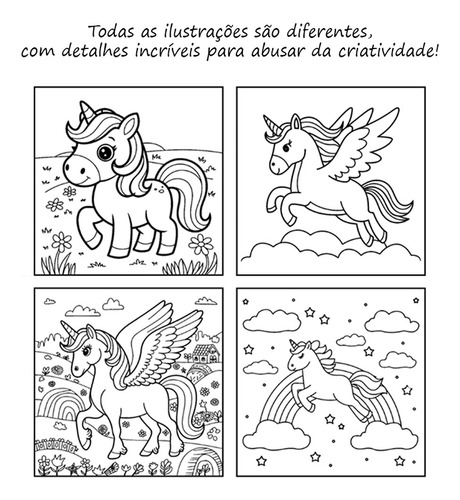 Livro De Colorir Unicórnios Fofos Capa Dura Colorido 50fls Desenhos Variados
