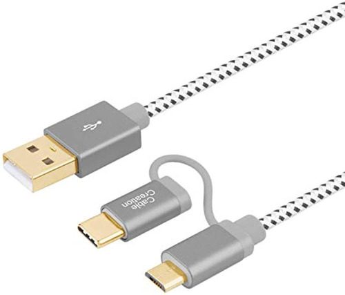 2 In 1 Usb C Cable 0.8ft, Cablecreation Braided Micro Usb + 