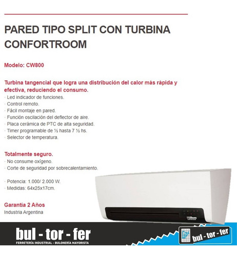 Imagen 3 de 5 de Caloventor Pared Split Con Turbina Liliana 2000w