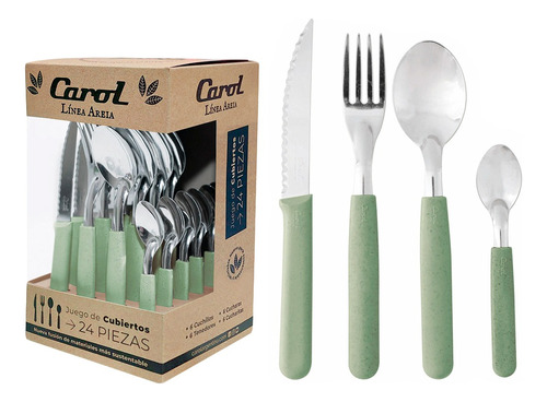 Set Cubiertos Carol X24 Tenedor Cuchillo Cuchara Cucharita Color Verde