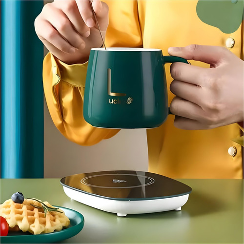 Taza Con Calentador Electrico 55° Taza De Café Y Bebidas Verde Oscuro