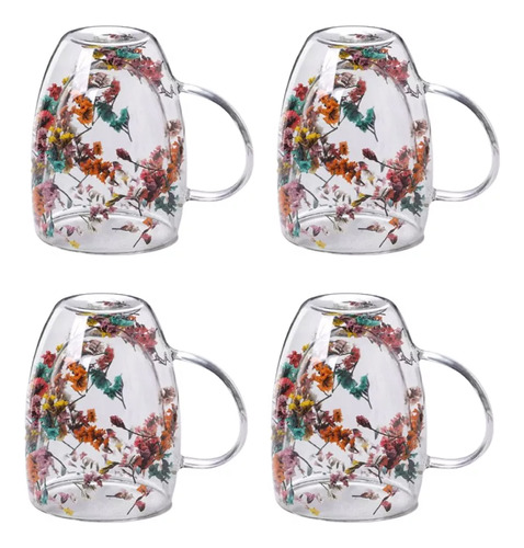 4 Tazas De Café De Vidrio Y Tazas De Flores Secas