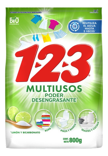 Detergente En Polvo 123 Bicarbonato Y Limón 800g