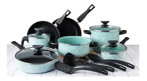 Imagen 2 de 7 de Batería De Cocina Cinsa Granito Jade Menta 15 Piezas
