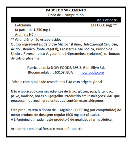 L-arginina 1000mg L-arginine 120 Tablets Importado