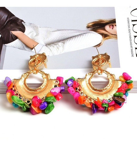 Imagen 3 de 3 de Pendientes Aros Multicolor Piedras Fantasia