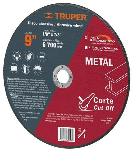 Disco Corte Metal, Tipo 41, Diámetro 9' Truper 10662 Color Rojo