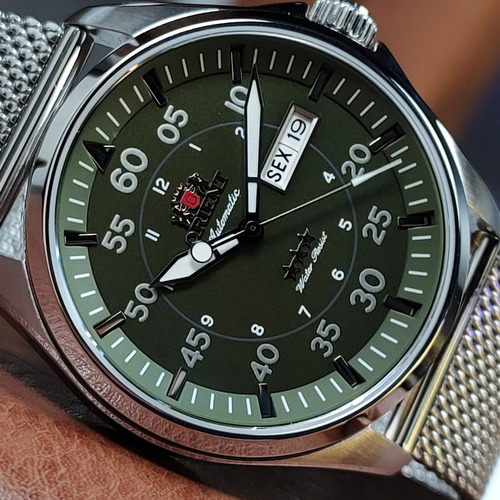 Relógio Orient Sport Air Flieger Automatico Yn6ss009 E2sx Correia Prateado Bisel Prateado Fundo Verde