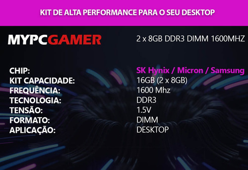 Memória Gamer Desktop 8gb Ddr3 1600mhz Mypc Gamer