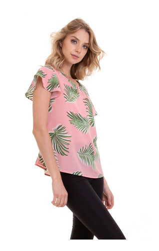 Blusa Crepe Estampada Botões Na Gola Rosa Kinara
