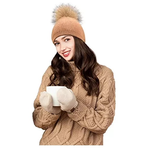 FXBSQF Women Double Cashmere Beanie,Pom Pom Beanie,Real Raccoon Bobble Beanie,Winter Warm Knitted Leisure Ski Cap,detachable