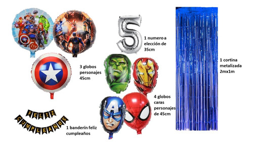 Kit Decoración Vengadores Globos+cortina+banderin Azul Acero