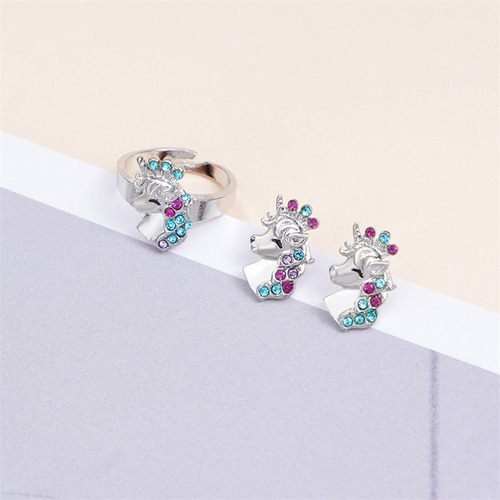 Sjx Set Unicornio Collar Dije Pulsera Aretes Y Anillo