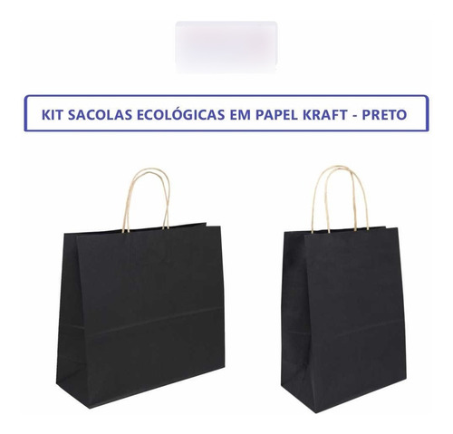 Kit Sacolas Papel Kraft P E M  100 Un Preto