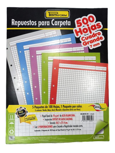 Repuesto Para Carpeta Tamaño Carta 500 Hojas - 5 Colores