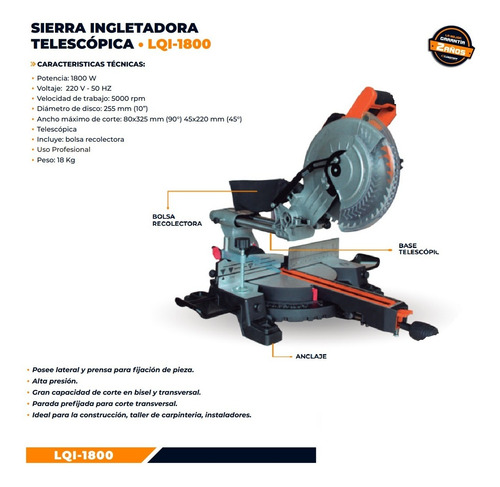 Sierra Ingletadora Telescopica Lusqtoff 255mm 1800w