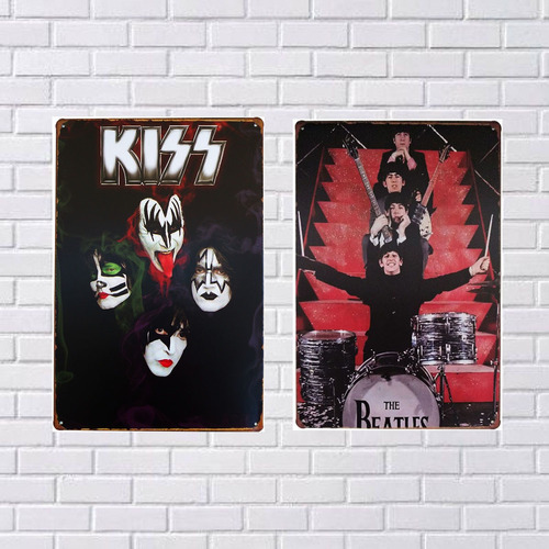 Kit 2 Placas Metal Rock Banda Beatles Kiss Quadro Decorativo