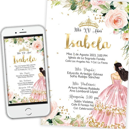 Invitacion Xv Años Digital Vestido Rosa Personalizada