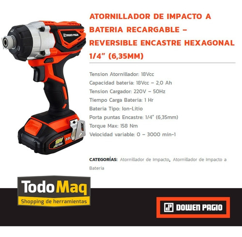 Imagen 5 de 10 de Atornillador De Impacto A Batería 1/4 Dowen Pagio 18v Li