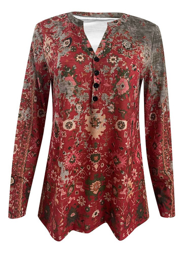 Blusa Delgada Con Botones De Manga Larga Con Estampado Para
