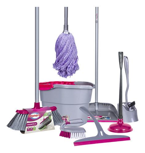 Reynera Kit Para Limpieza: Escoba Magnetic -A, Mop Microfibra, Cubeta Con Exprimidor, Recogedor Con Peine Quita Pelusa, Cepillo Sanitario, Bomba, Limpiaventanas y Cepillo