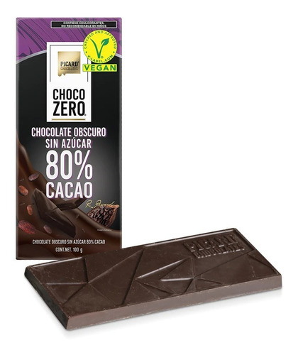 Chocolate Obscuro 80% Cacao Sin Azúcar Chocozero Picard 100g