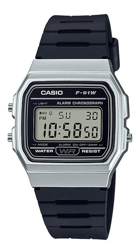 Reloj pulsera Casio Collection F-91WG-9QDF-SC de cuerpo color plateado, digital, para hombre, fondo gris, con correa de resina color negro, dial negro, minutero/segundero negro, bisel color plateado y hebilla simple