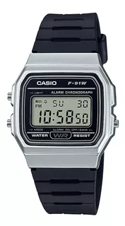 Reloj pulsera Casio Collection F-91 de cuerpo color plateado, digital, fondo gris, con correa de resina color negro, dial negro, minutero/segundero negro, bisel color plateado y hebilla simple